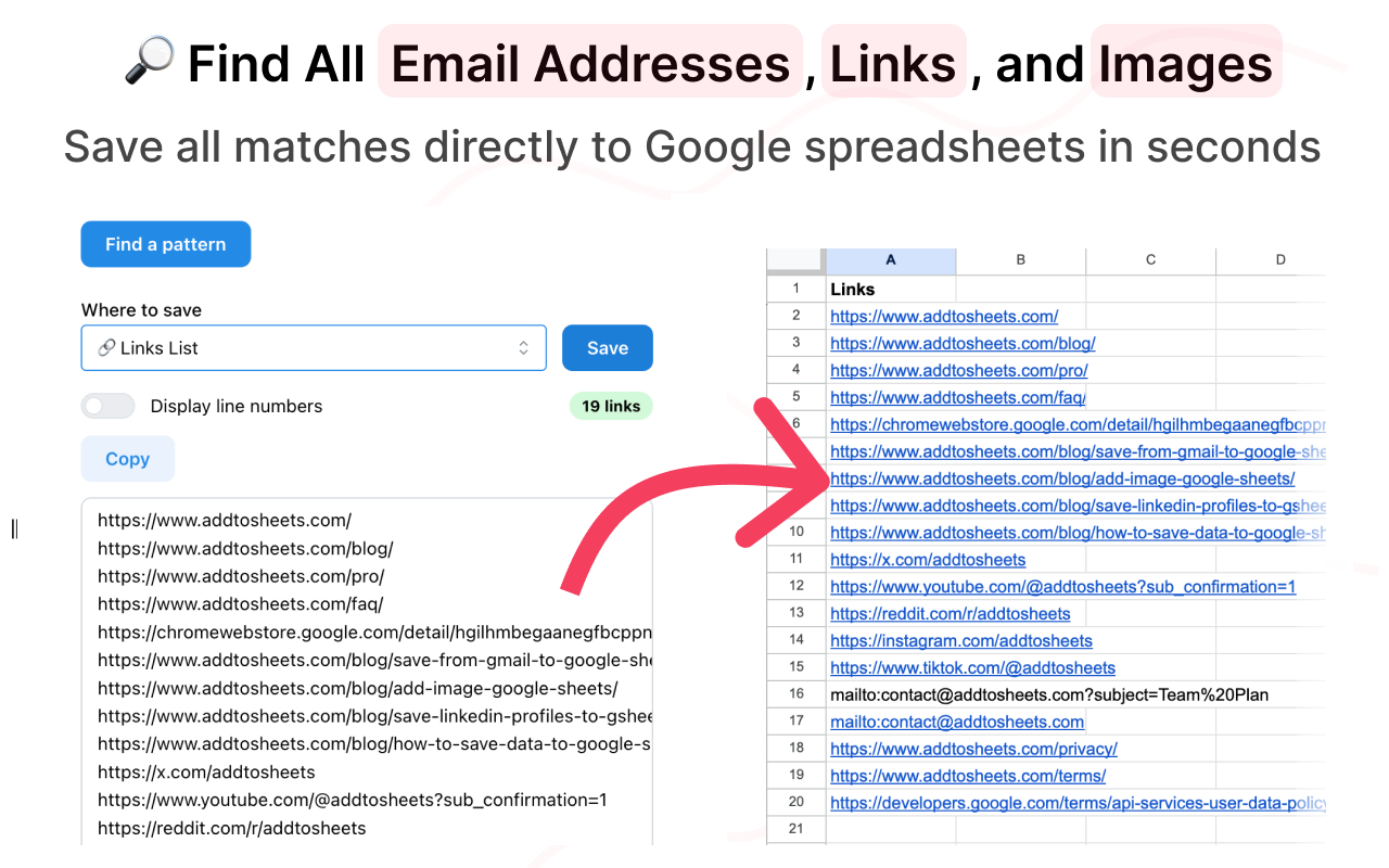 Add to Sheets Find emails links and urls