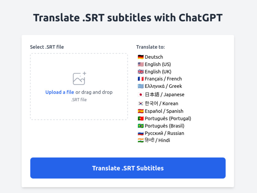 TranslateSRT.online Translate .SRT subtitles with ChatGPT