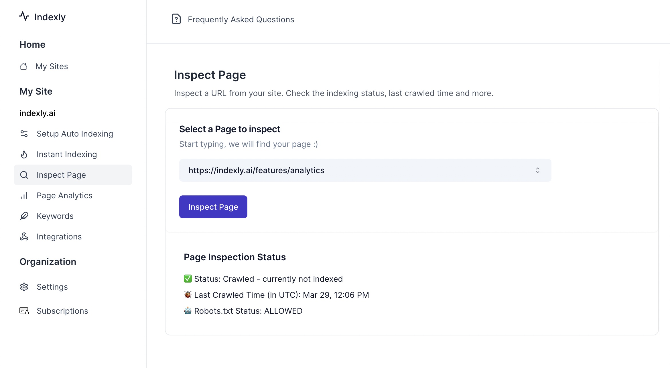 Indexly URL inspection