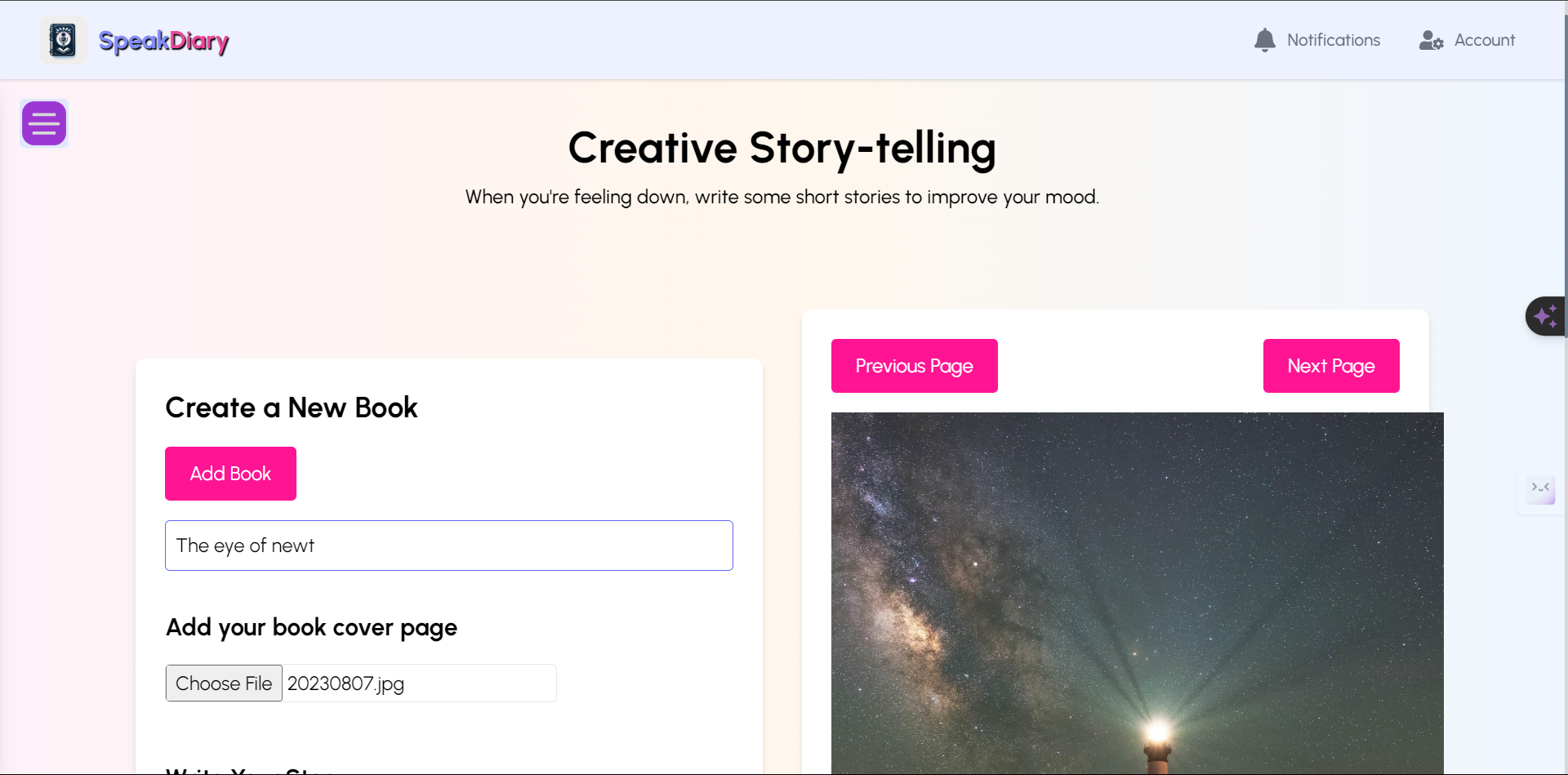 SpeakDiary Storytelling feature