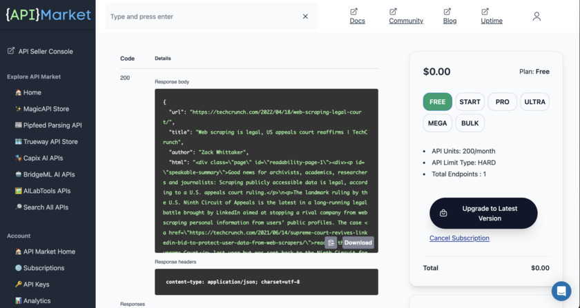 Pipfeed Parse API Landing Page
