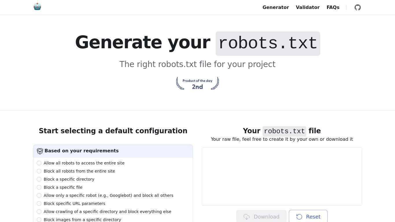 Robots.txt Generator Landing page