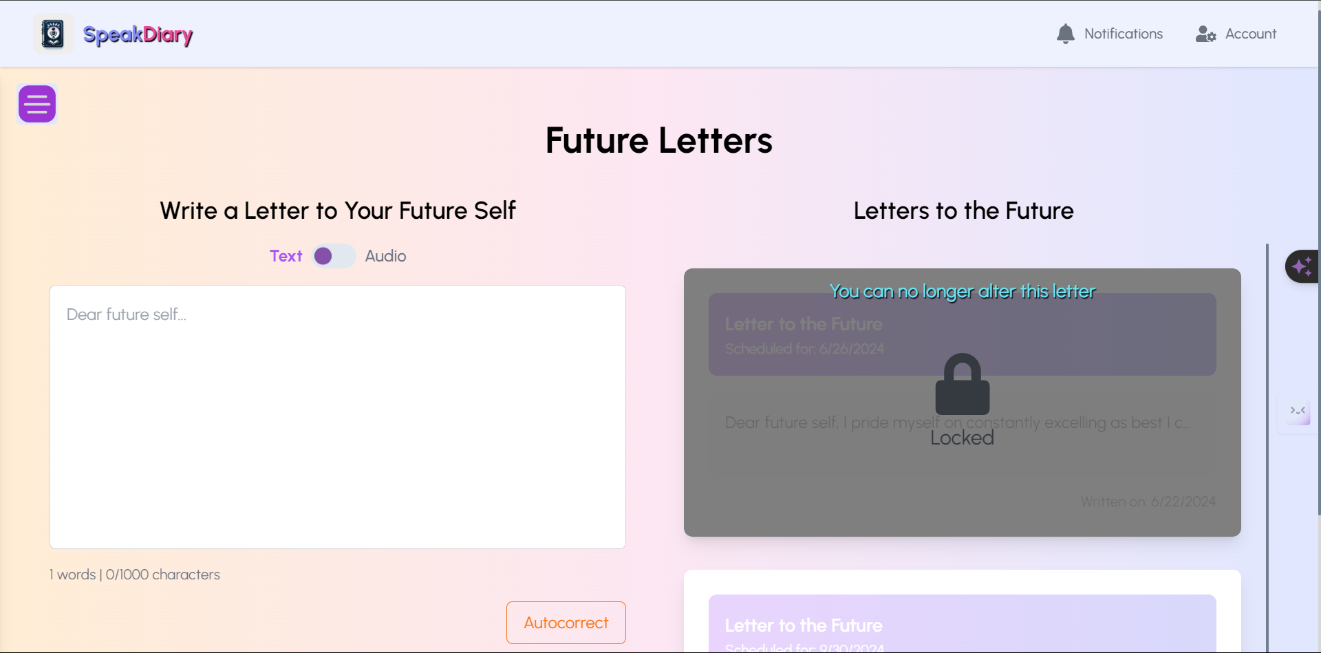 SpeakDiary Future Letters Demo