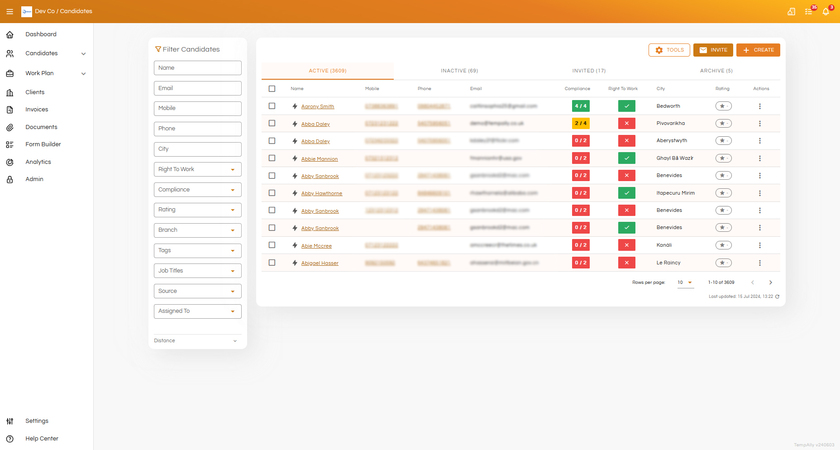 TempAlly Candidate list with compliance and right to work management