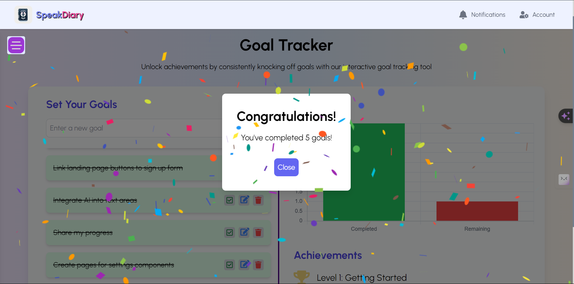 SpeakDiary Goal setting feature