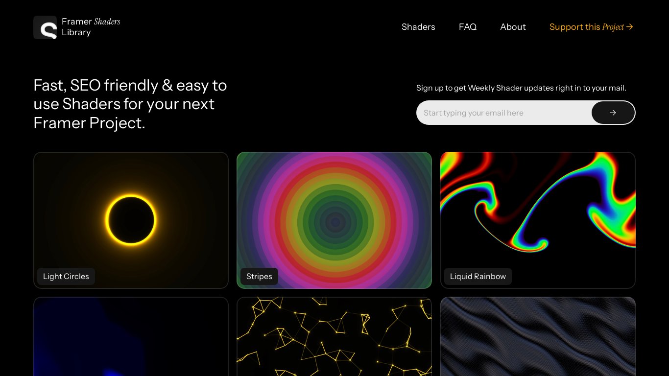 Framer Shaders Library Landing page