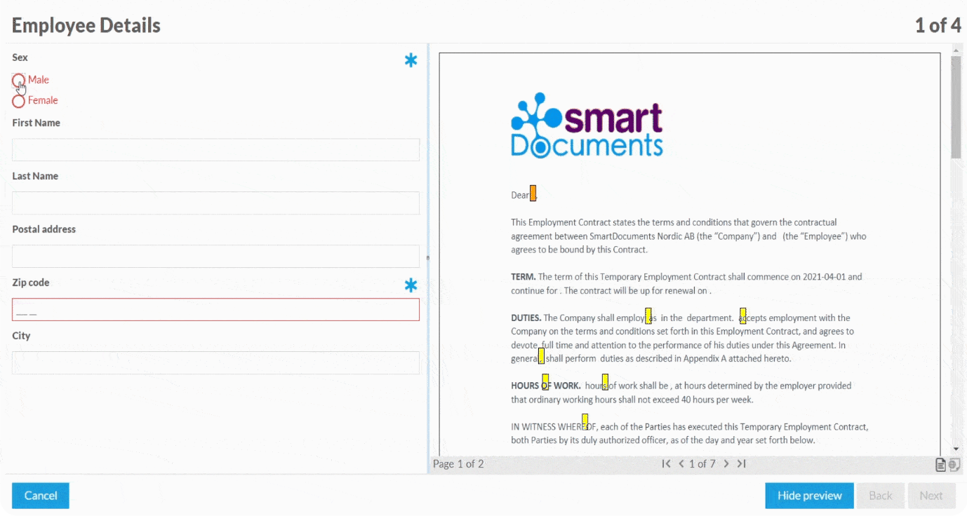 SmartDocuments Questionnaire screen document generation