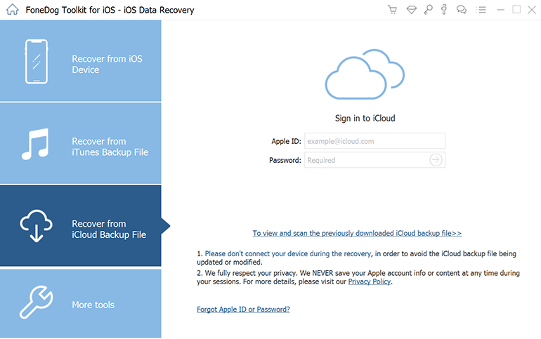 FoneDog iOS Data Recovery login iCloud