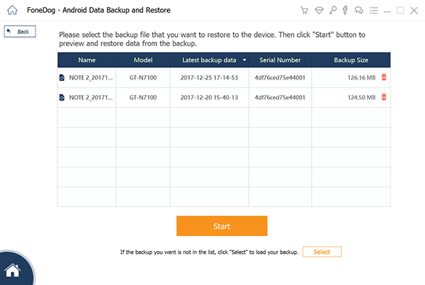 FoneDog Android Data Backup & Restore select backup files to restore