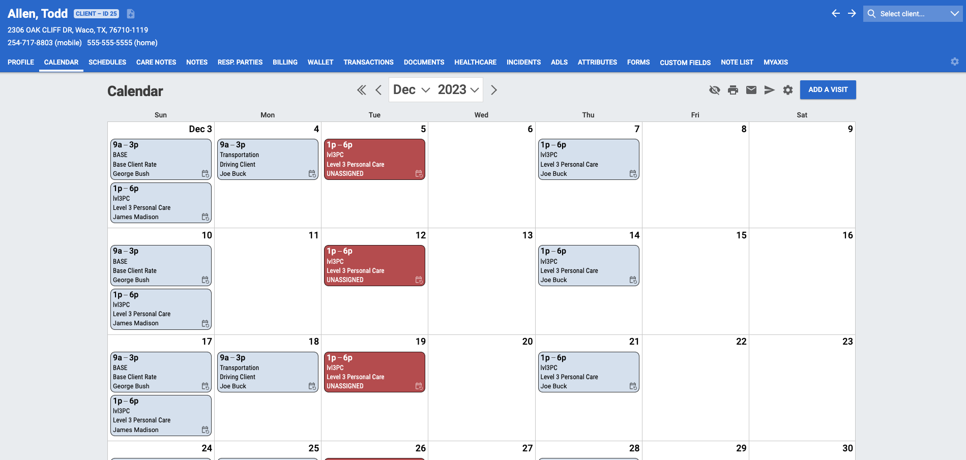 AxisCare Single Client Schedule