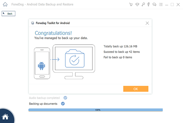 FoneDog Android Data Backup & Restore backup completed