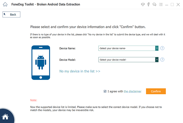 FoneDog Broken Android Data Extraction select device model