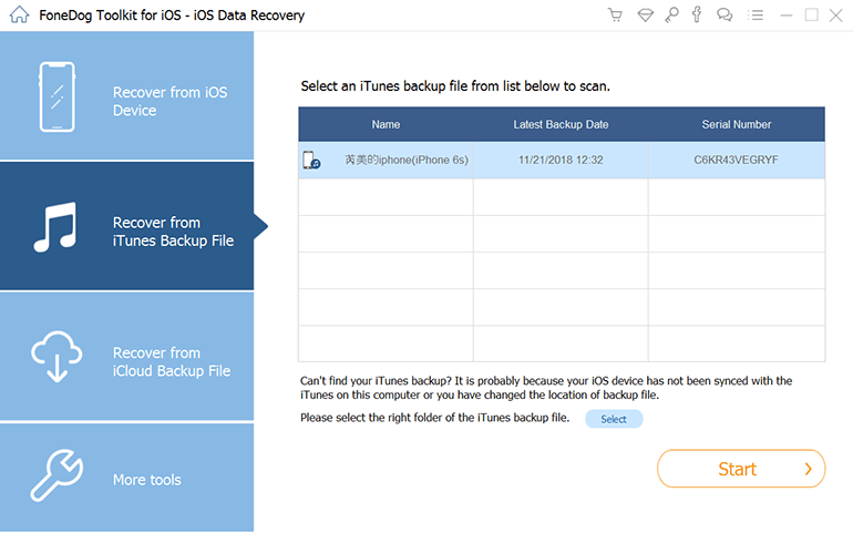FoneDog iOS Data Recovery select itunes backup