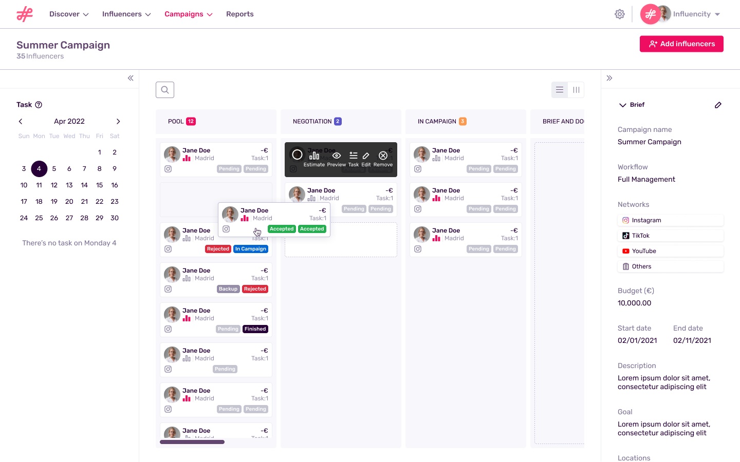 Influencity Track campaign progress