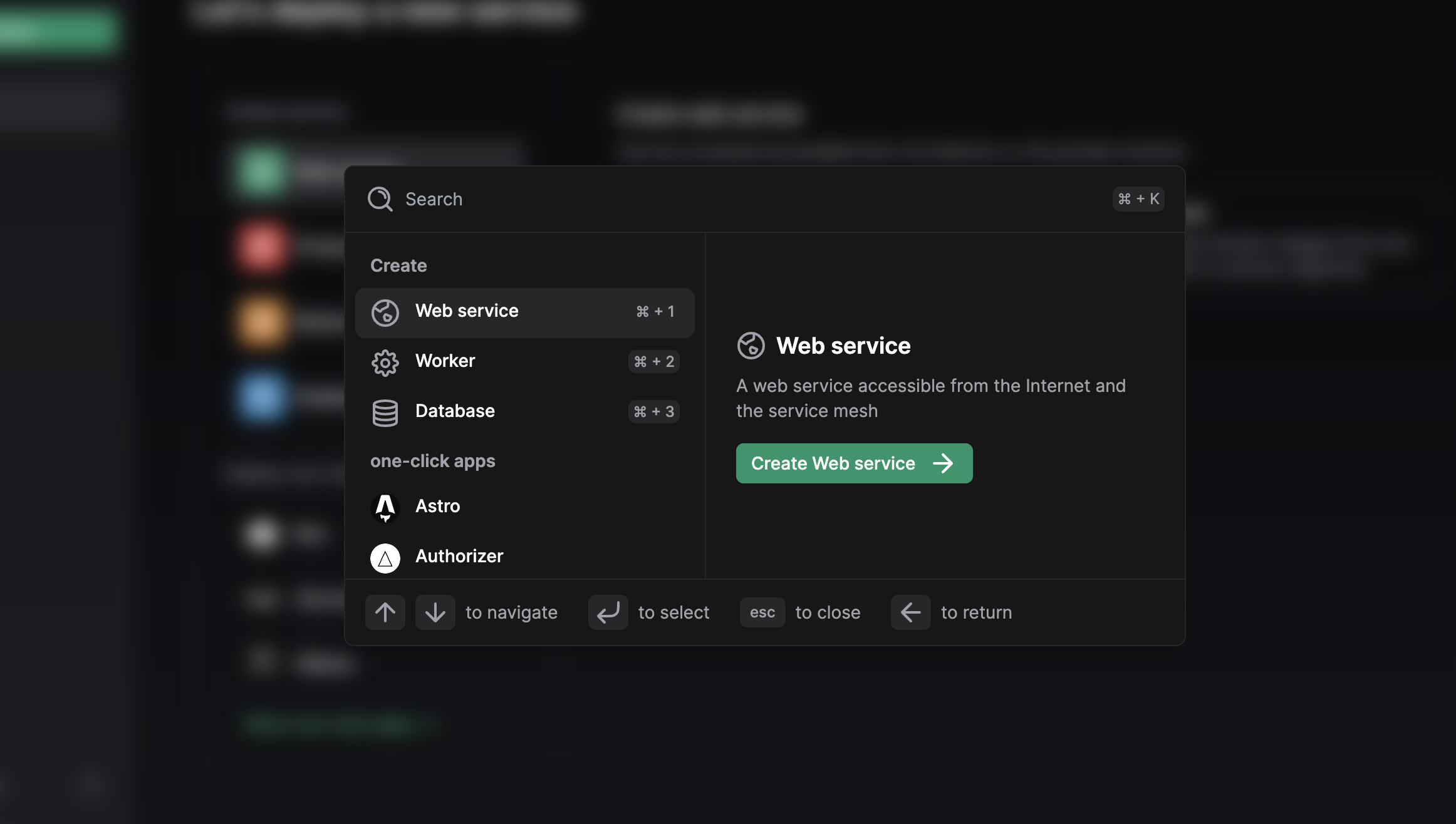 Koyeb ⌘K Command Palette for Faster Deployments