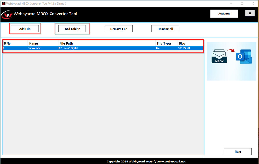 Webbyacad  MBOX Converter Tool Landing Page