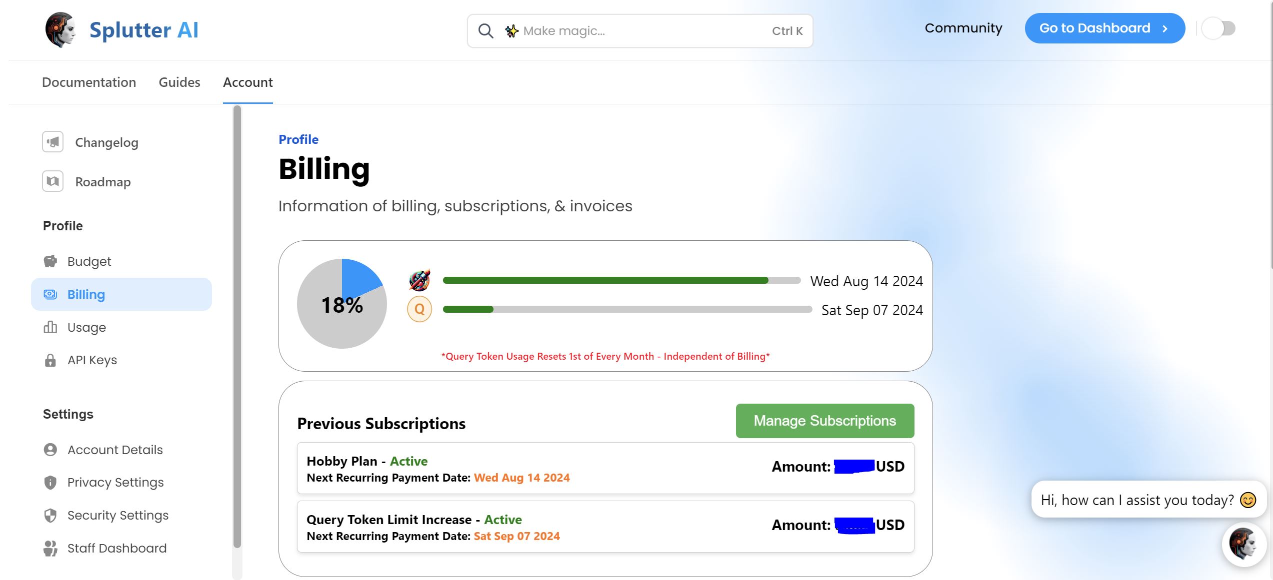 Splutter AI Billing Menu