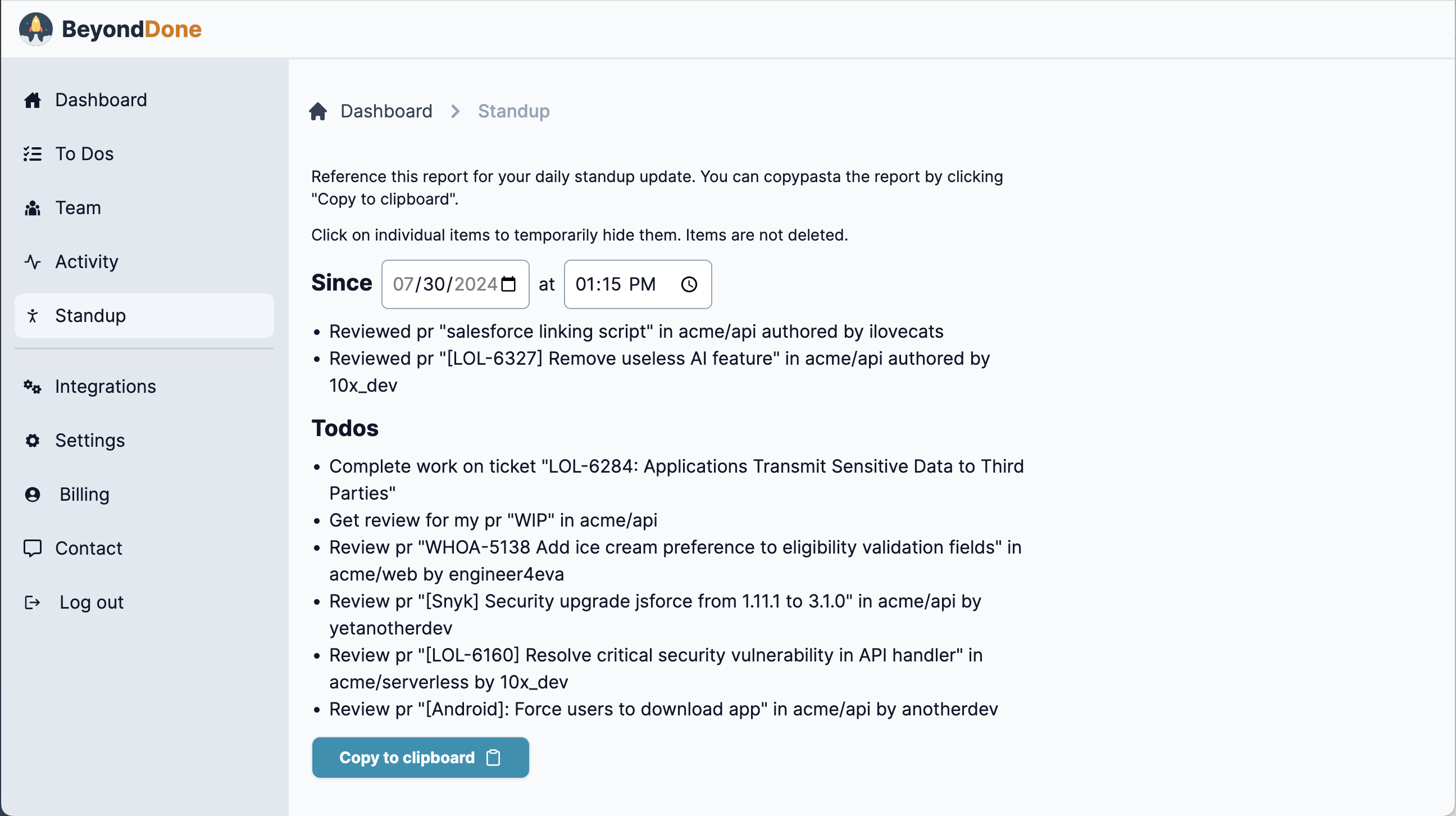 BeyondDone Standup page