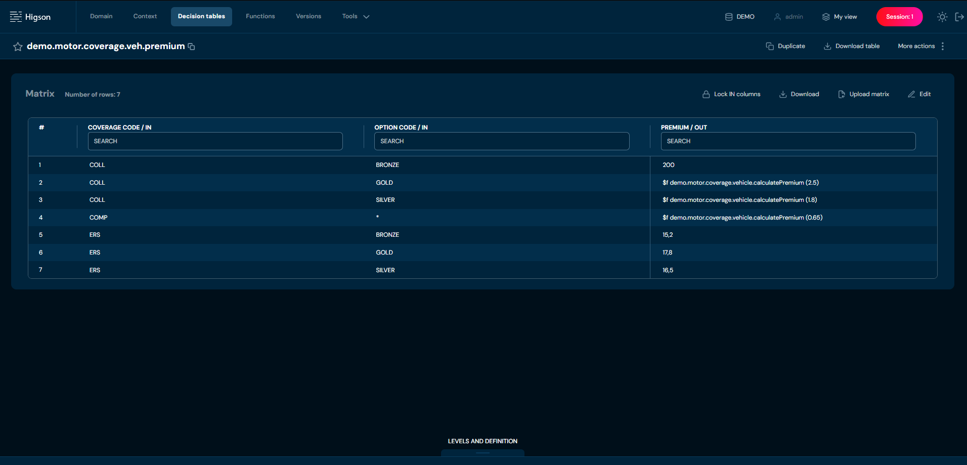Higson.io Decision Table in Higson