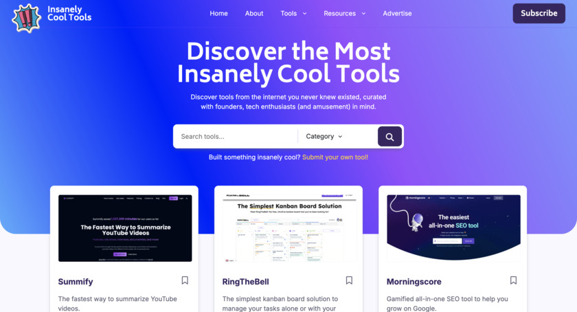 Insanely Cool Tools Landing page