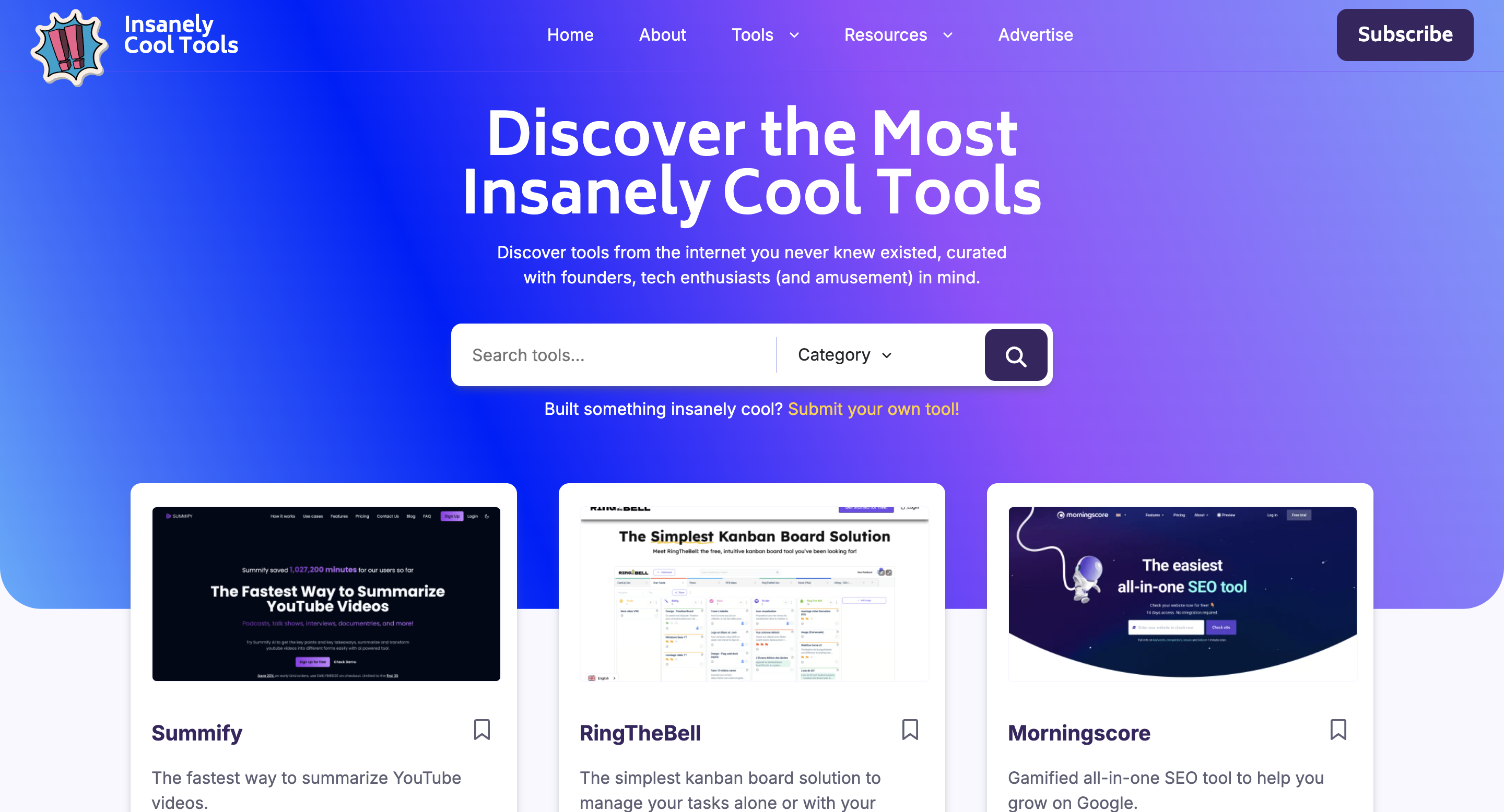 Insanely Cool Tools Landing page