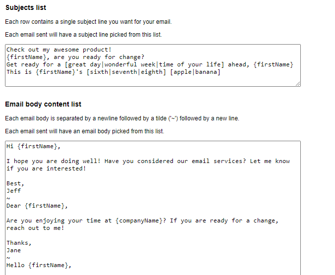 Emailr Support for spintax and personalization