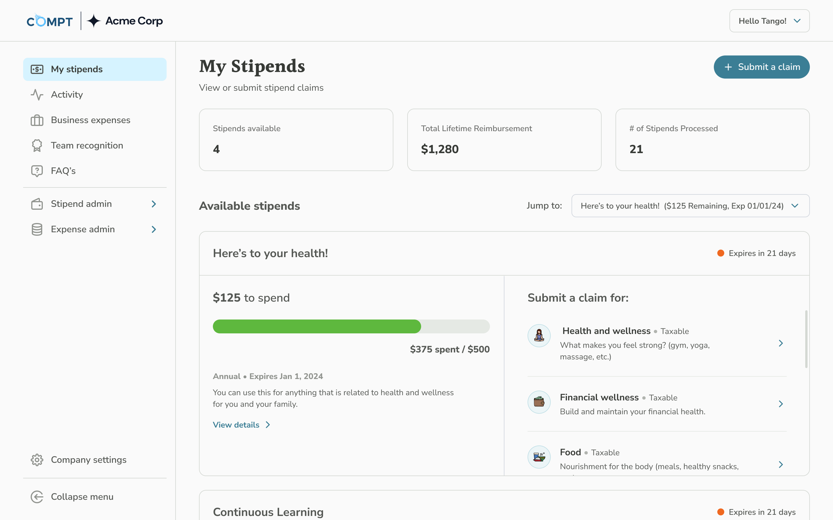 Compt Compt Lifestyle Benefits Dashboard