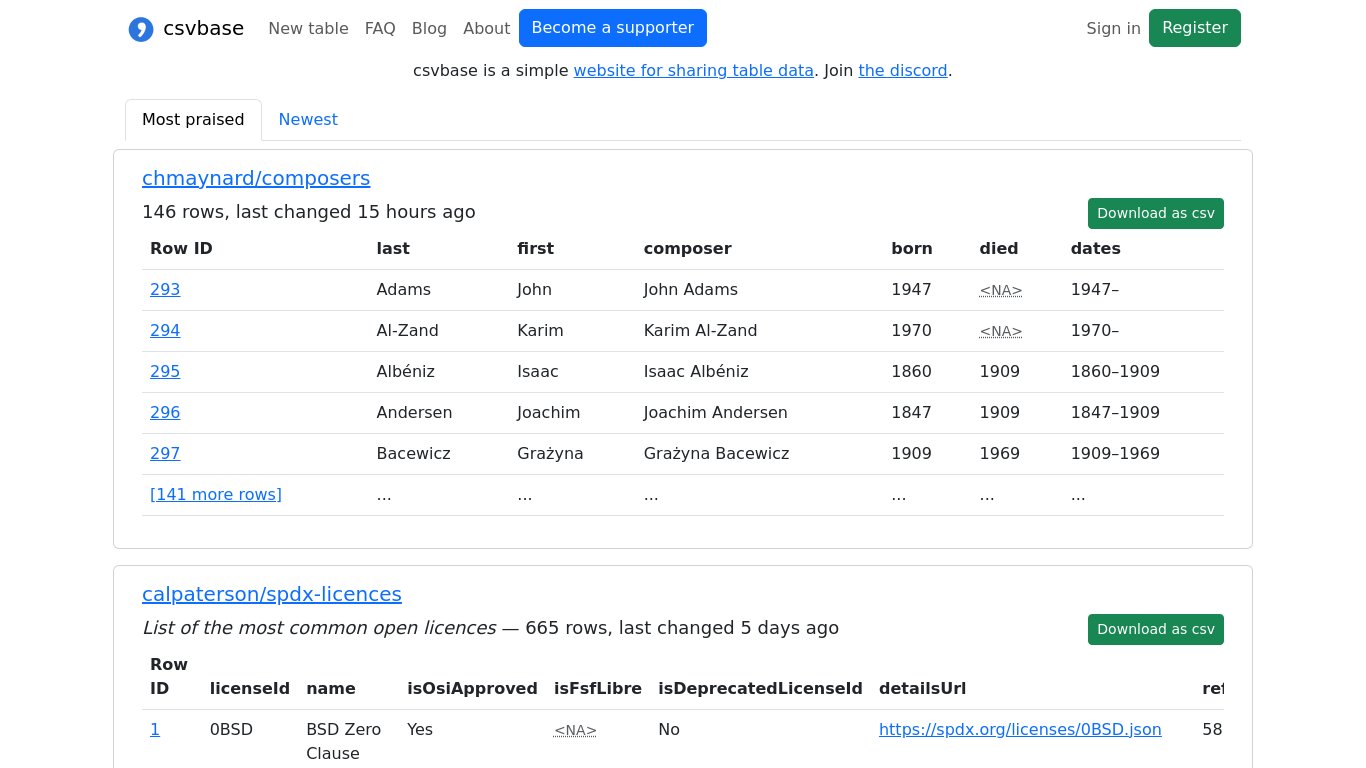 csvbase Landing page