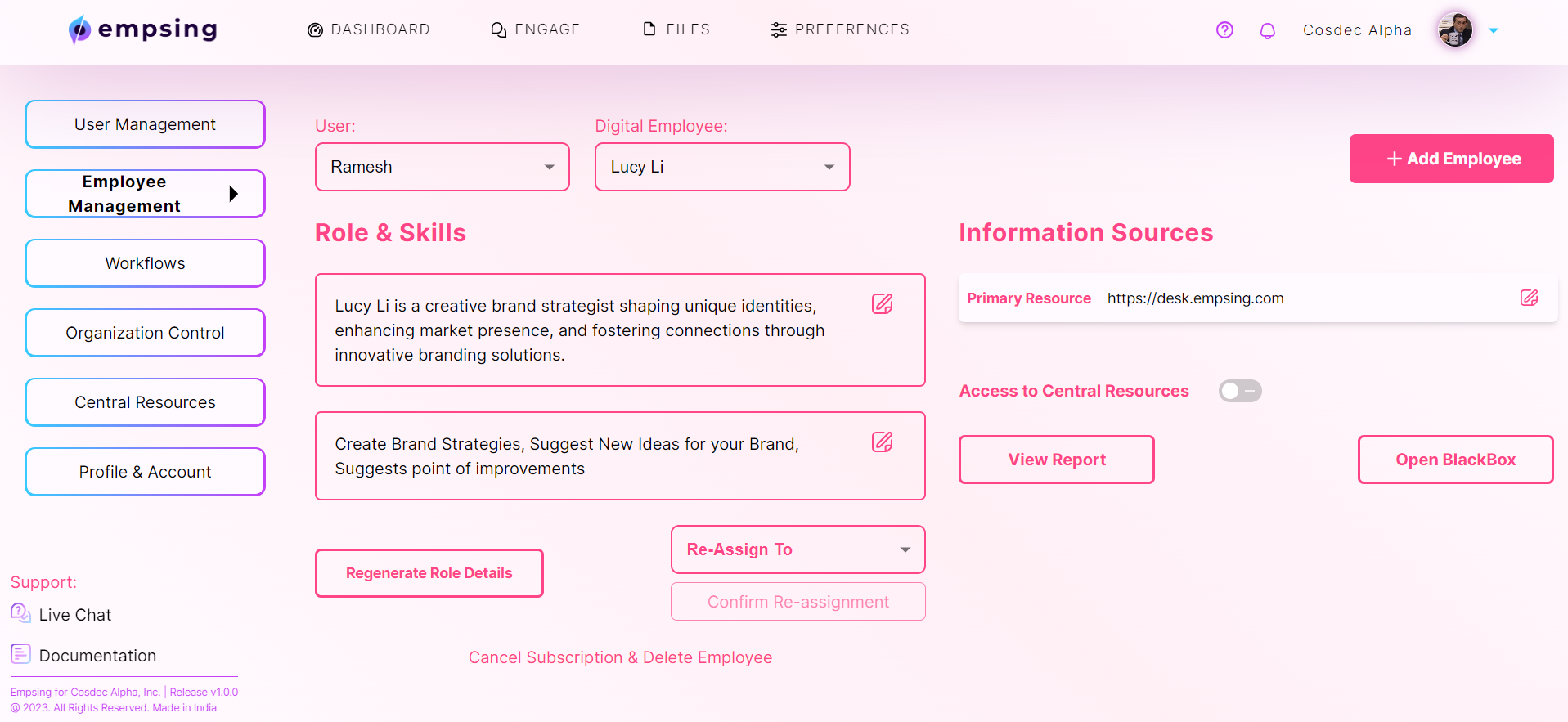 Empsing Employee Management Page