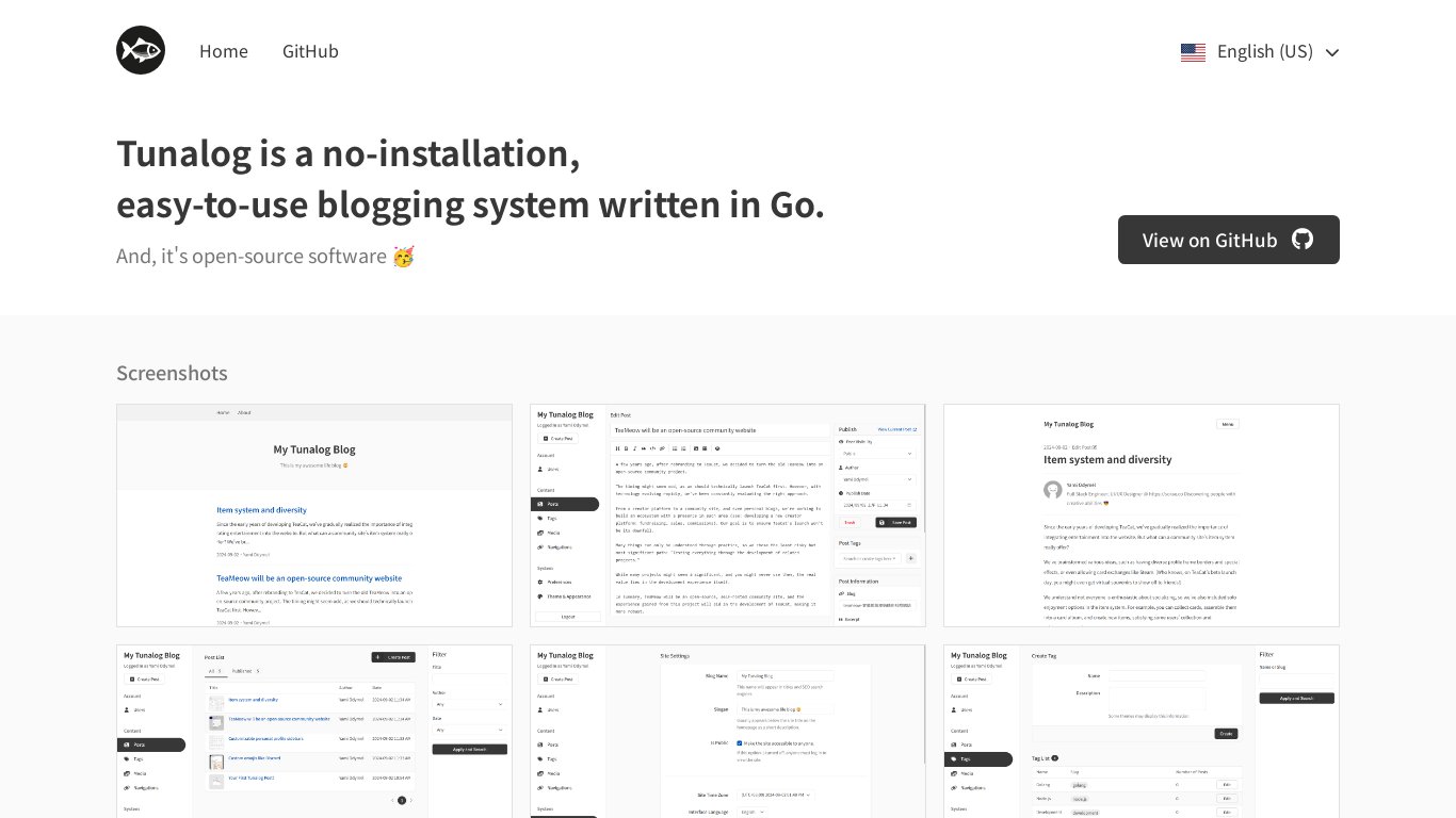 Tunalog Landing page