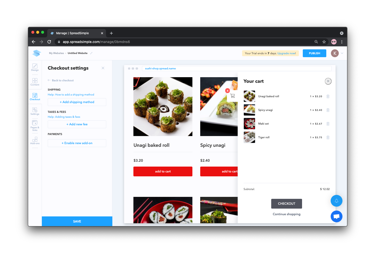 SpreadSimple Checkout settings