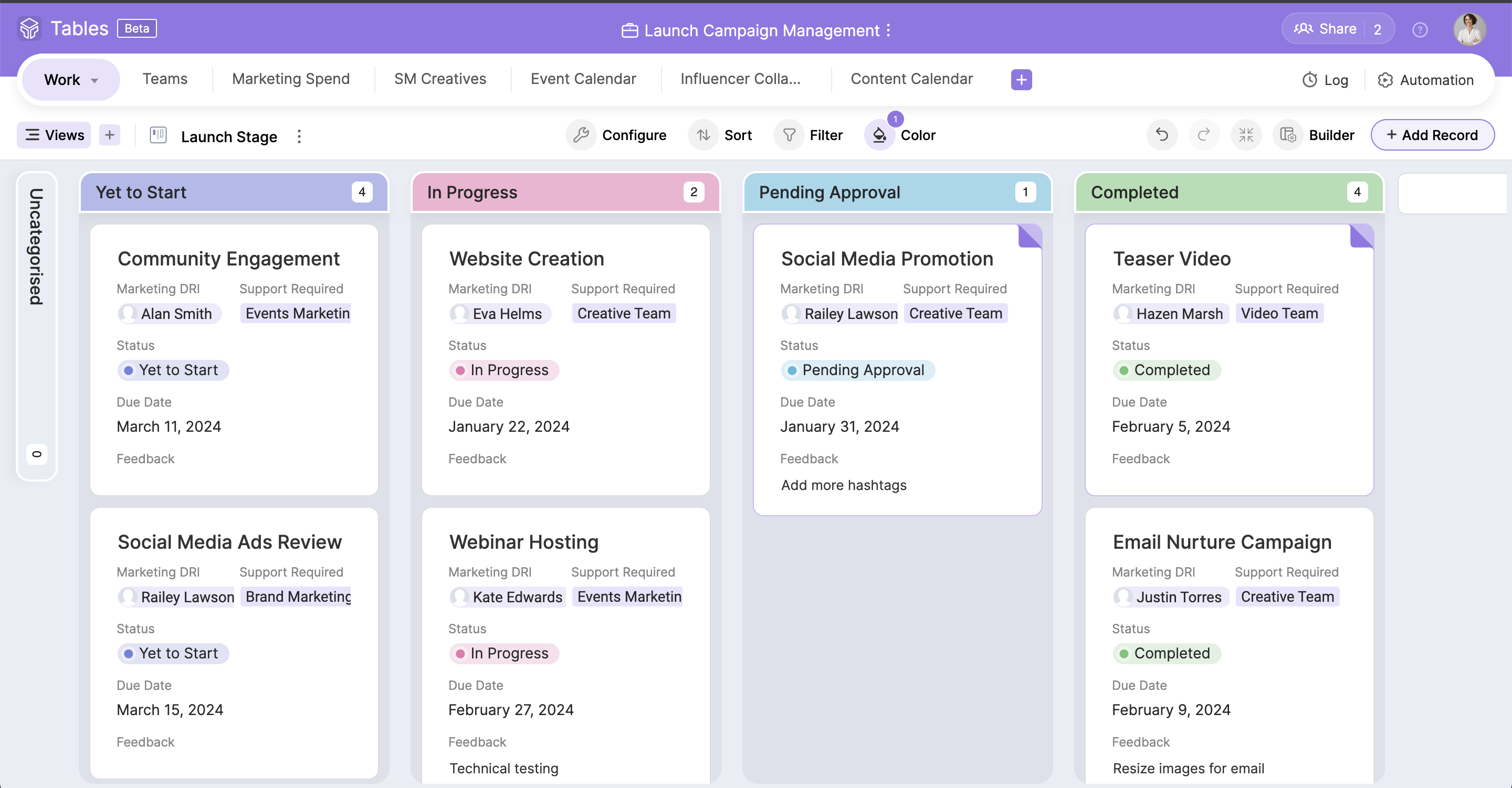 Zoho Tables Maintain transparency and effortlessly monitor progress using our Kanban view. 