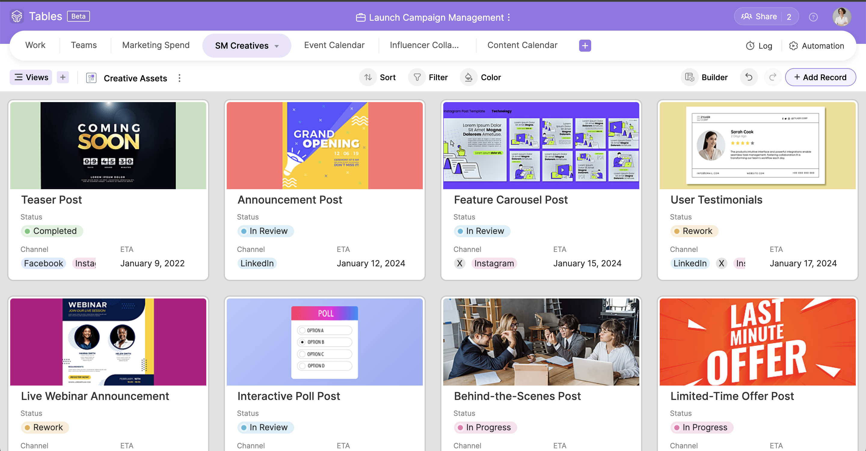 Zoho Tables Spotlight your attachments and design a custom gallery with our straightforward drag-and-drop card builder.
