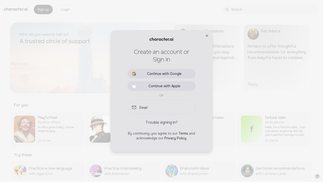 character.ai Landing page