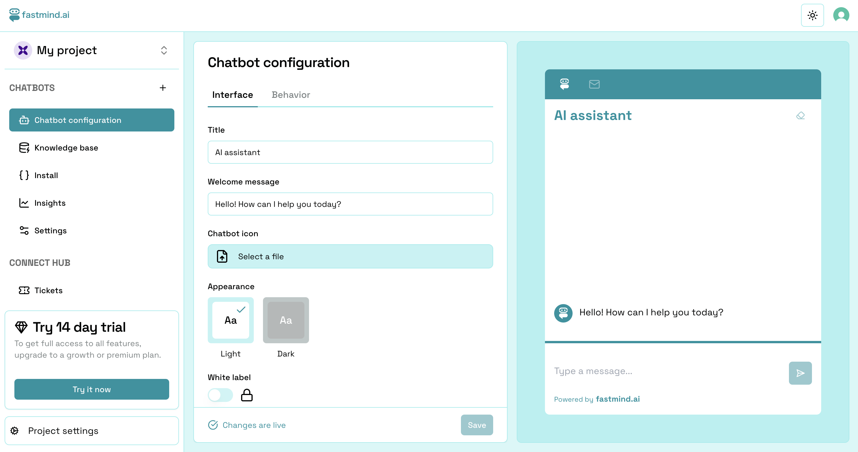Fastmind.ai Chatbot builder interface