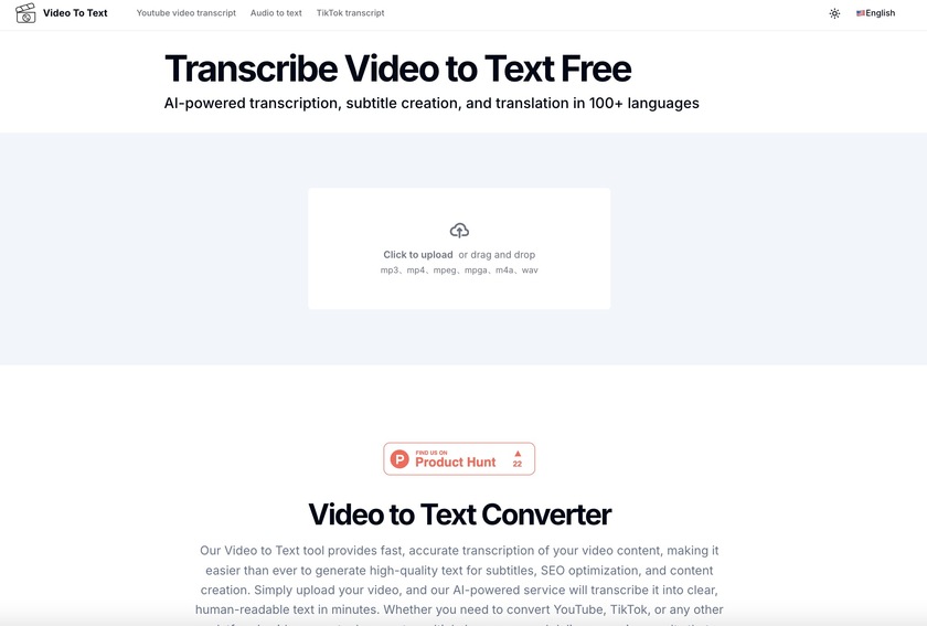 VideoToText.io Landing Page