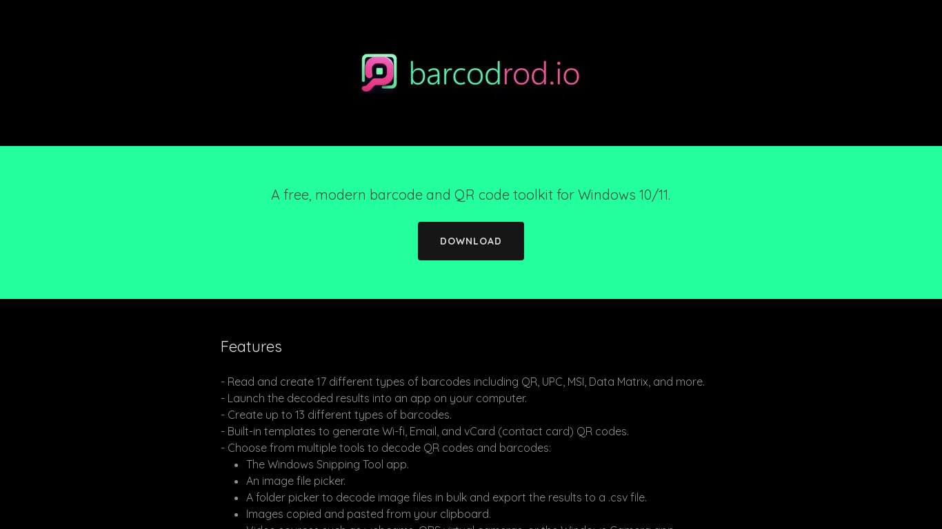 Barcodrod.io Landing page