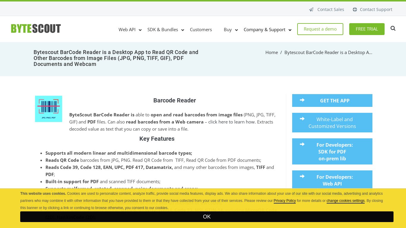 Bytescout BarCode Reader Landing page