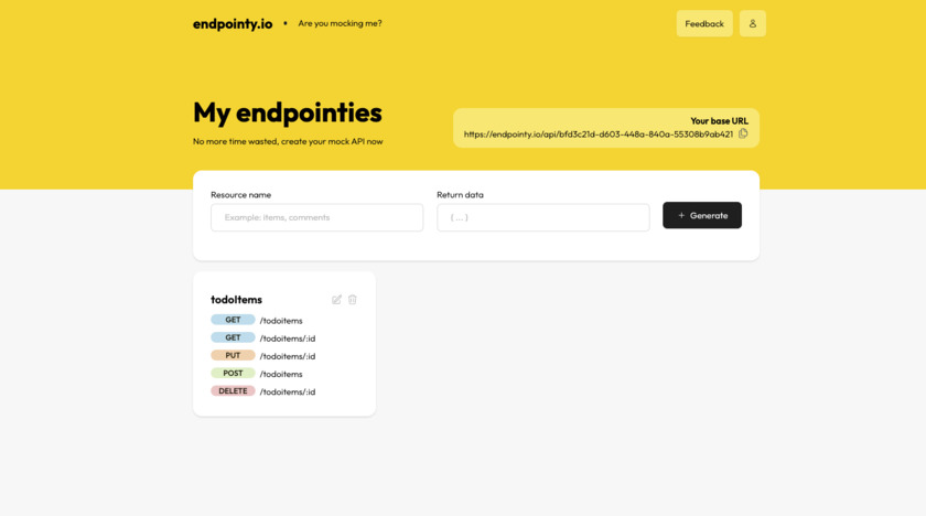 endpointy.io Endpoints list, and generate options