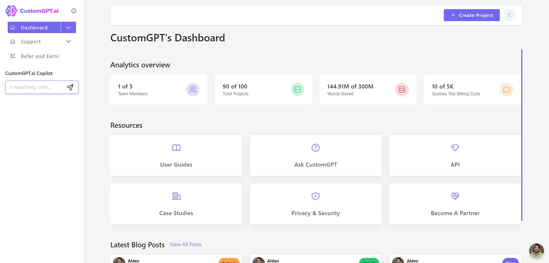 CustomGPT.ai CustomGPT's Dashboard