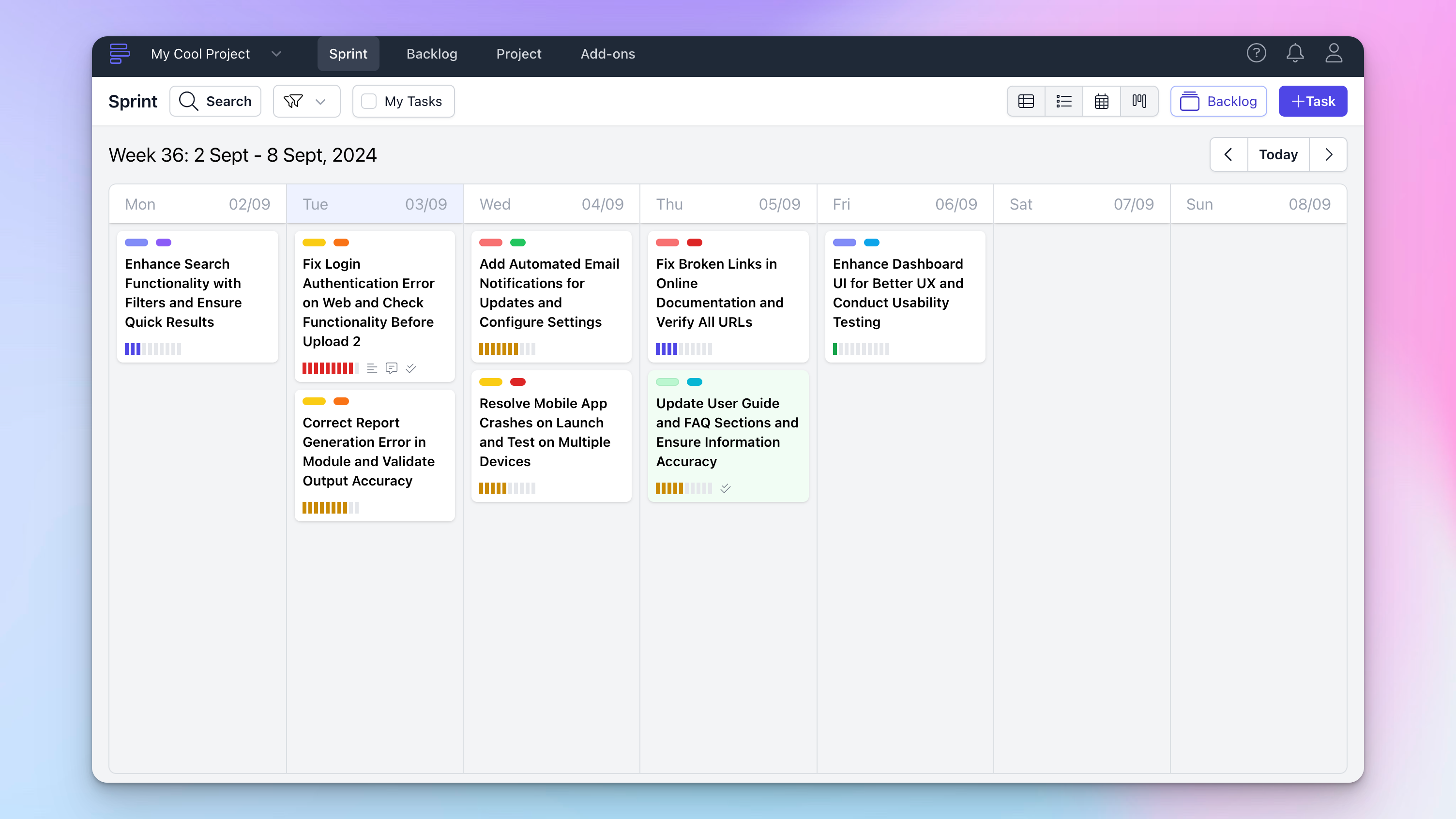 EnkiTask.com Weekly Calendar view