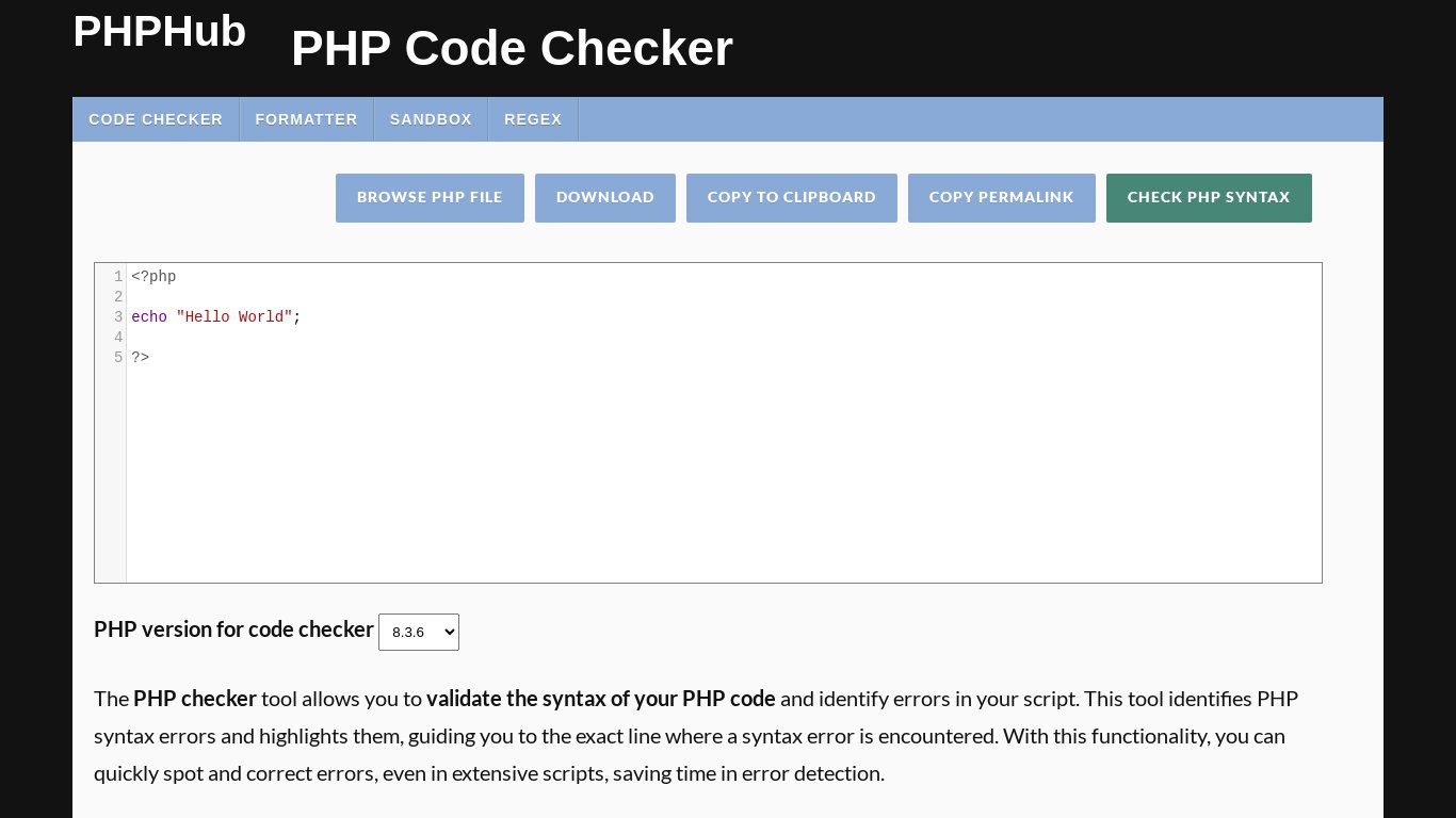 PHPHub.net Code Checker Landing page
