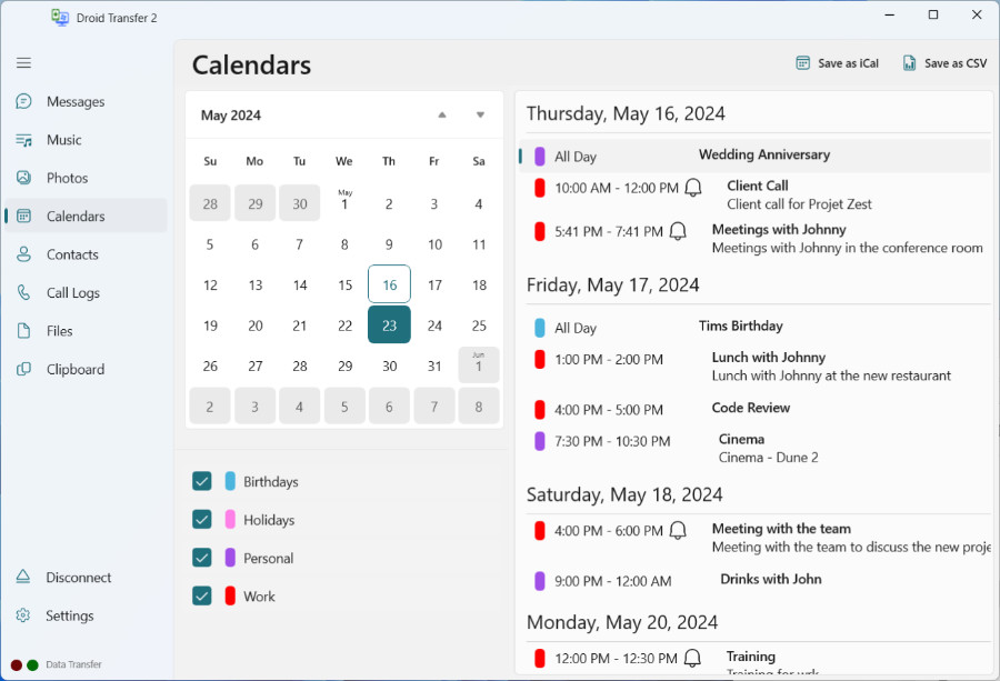 Droid Transfer Transfer Android Calendars