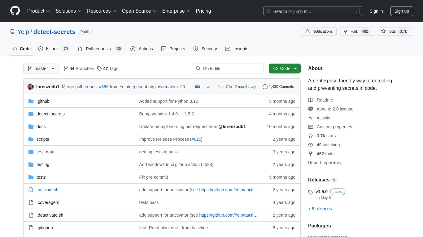 Yelp's detect-secrets Landing page