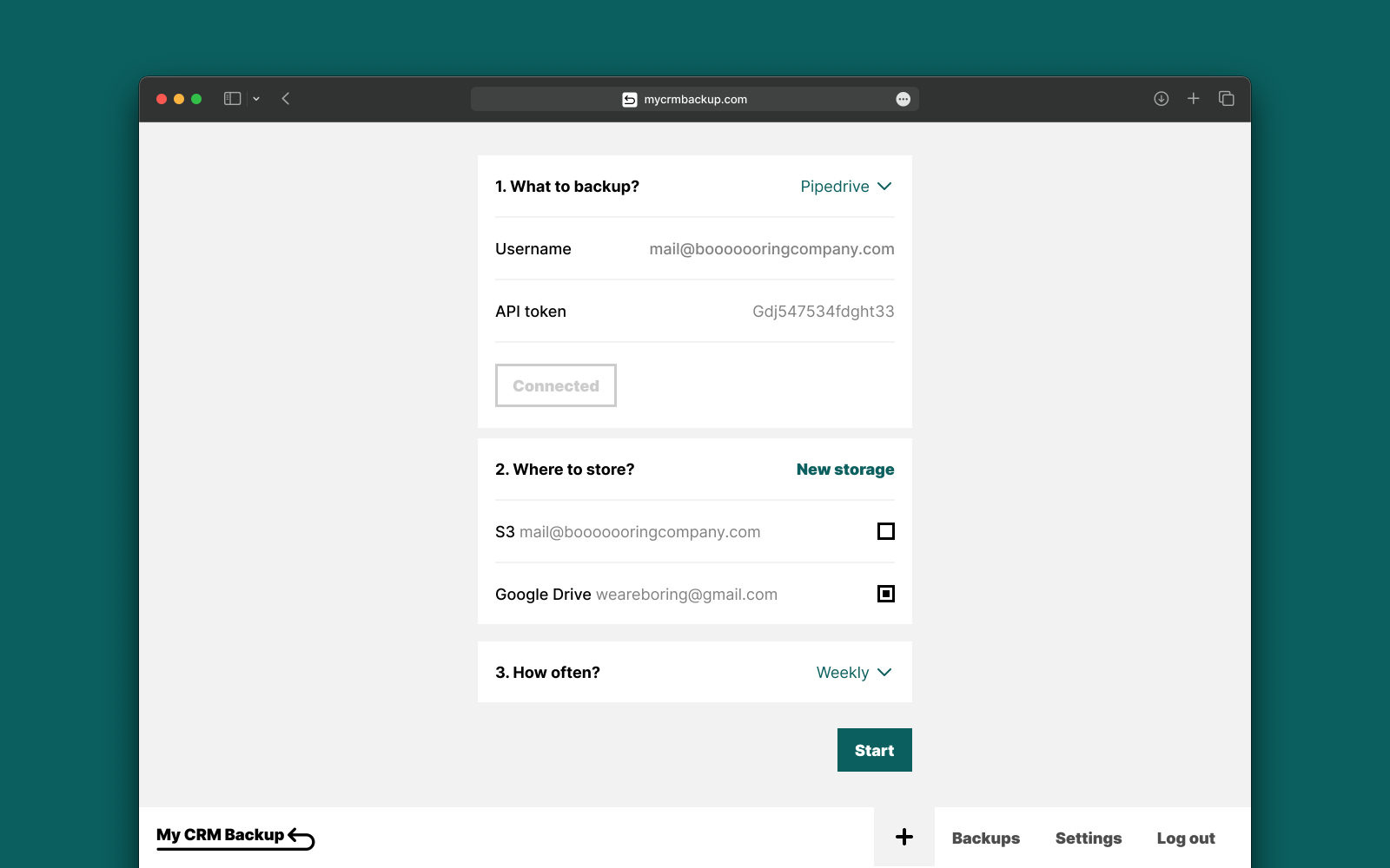 MyCRMBackup Settings page