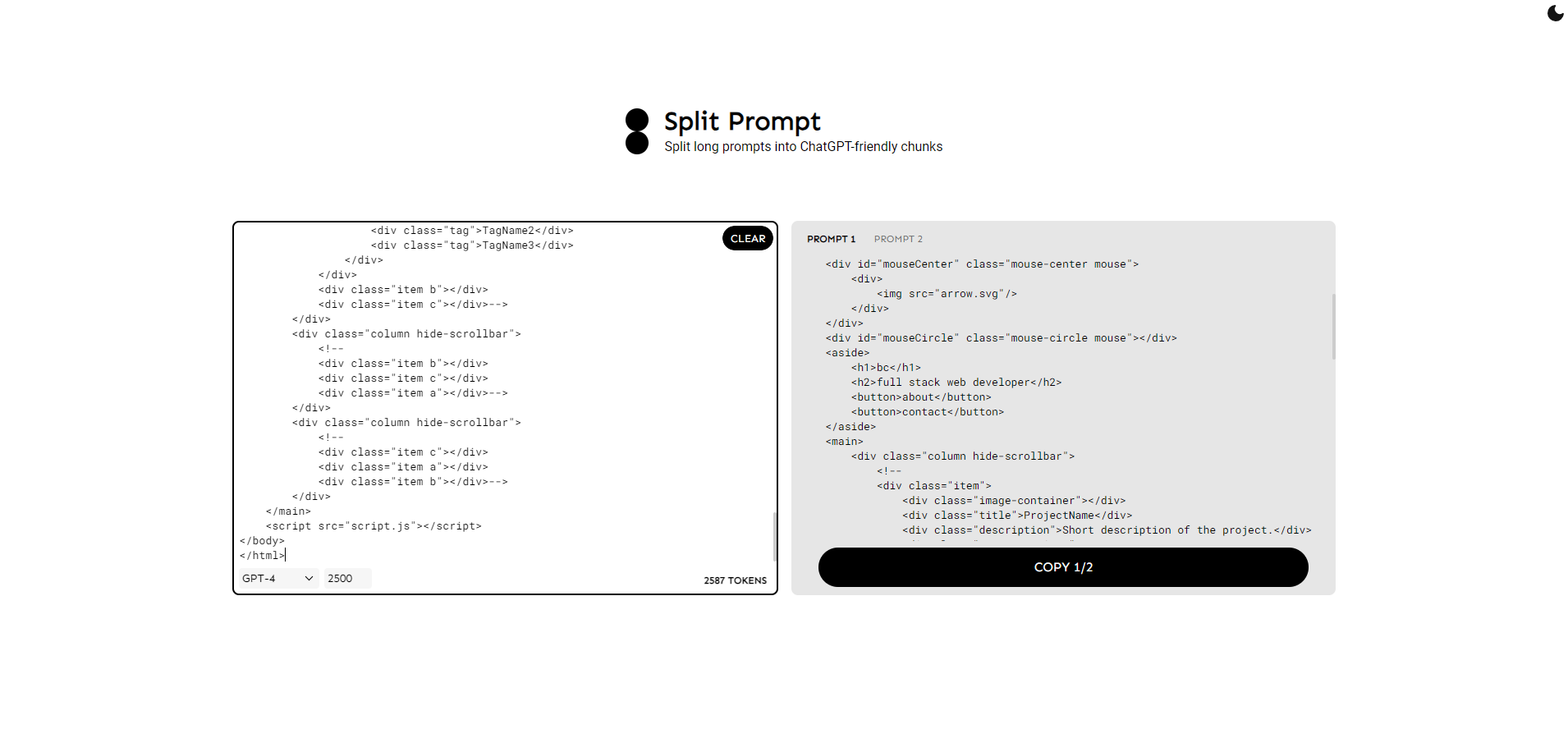 Split Prompt Split Prompt Interface