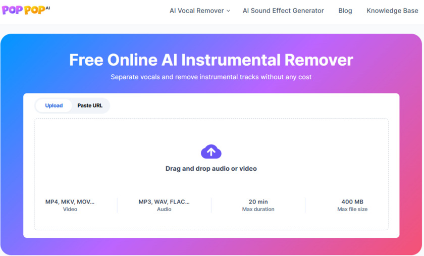 PopPop AI Vocal Remover Landing Page