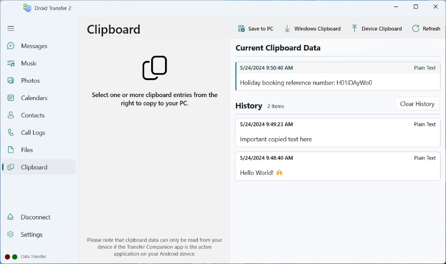 Droid Transfer Copy Clipboard between Android and PC