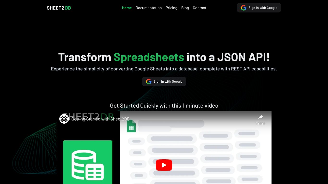 Sheet2DB Landing page