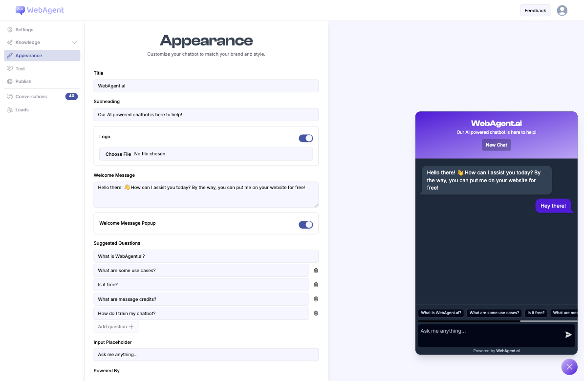 WebAgent AI Customize Appearance